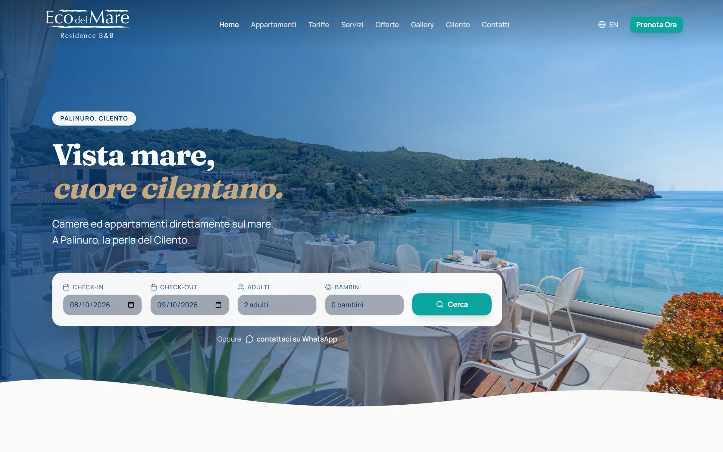 Home del sito Eco del Mare con la terrazza sul mare di Palinuro e il modulo per cercare date e ospiti
